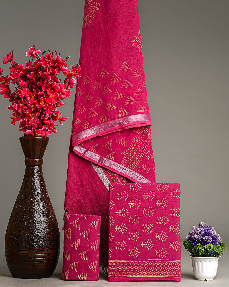 Hand Block Printed Cotton Suit With Linen Dupatta BSLID10