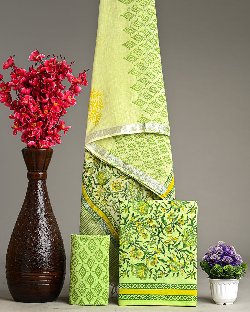 Hand Block Printed Cotton Suit With Linen Dupatta BSLID16