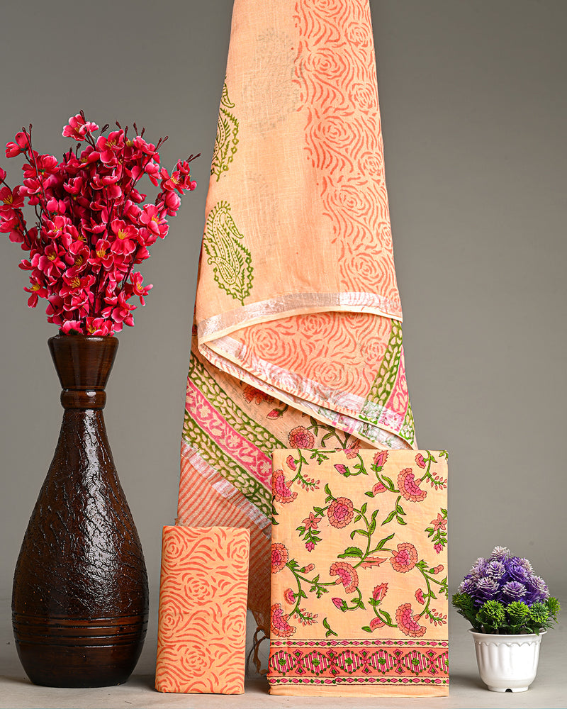 Hand Block Printed Cotton Suit With Linen Dupatta BSLID20