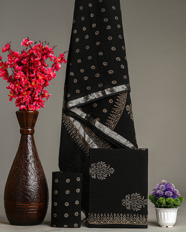 Premium Black Hand Block Printed Cotton Suit With Linen Dupatta BSLID09