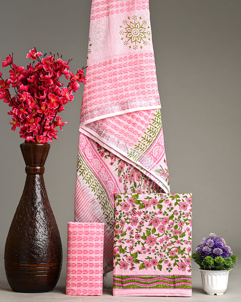 Hand Block Printed Cotton Suit With Linen Dupatta BSLID19