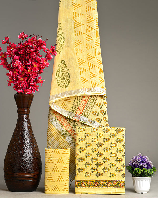 New Yellow Hand Block Printed Cotton Suit With Linen Dupatta BSLID30
