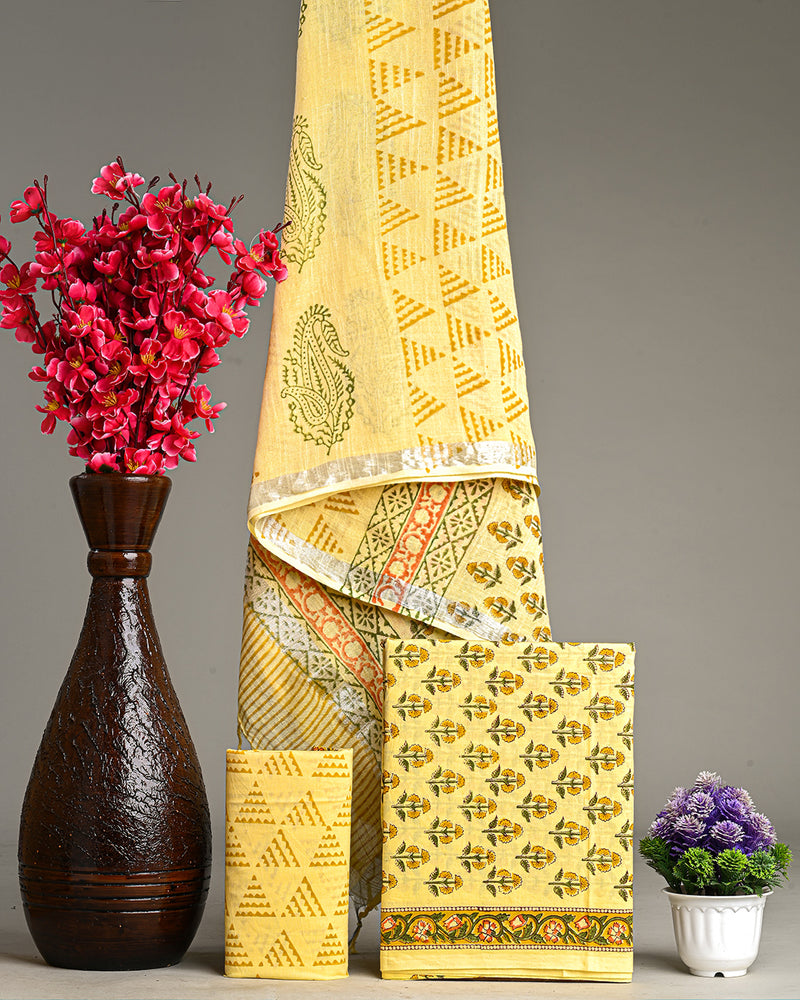 Hand Block Printed Cotton Suit With Linen Dupatta BSLID30