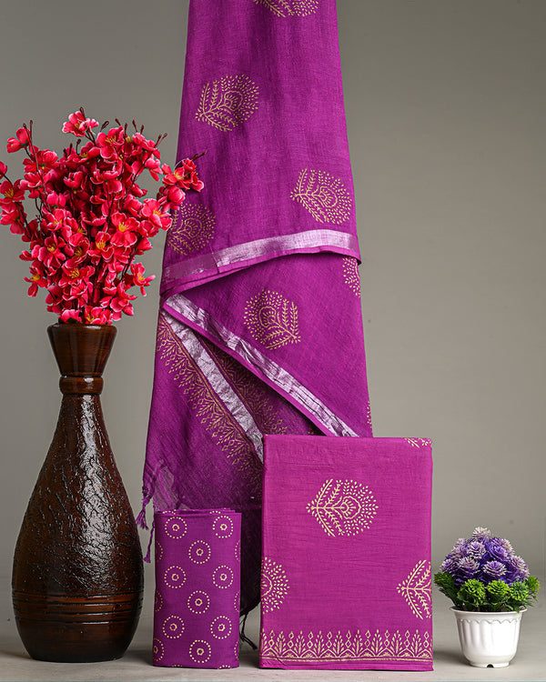 Hand Block Printed Cotton Suit With Linen Dupatta BSLID13