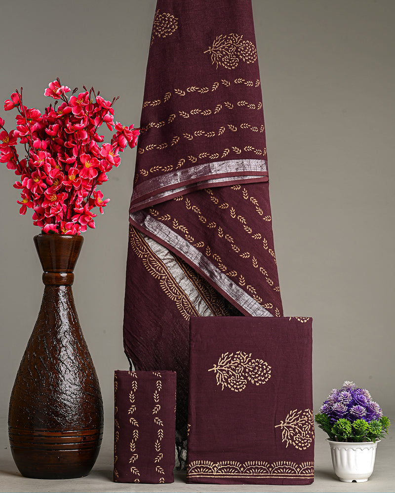 Brownish Hand Block Printed Cotton Suit With Linen Dupatta BSLID12