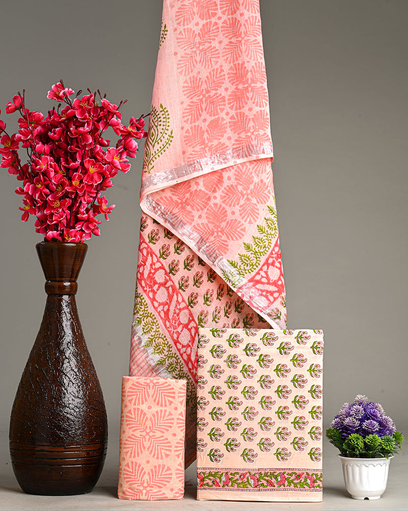 Hand Block Printed Cotton Suit With Linen Dupatta BSLID17