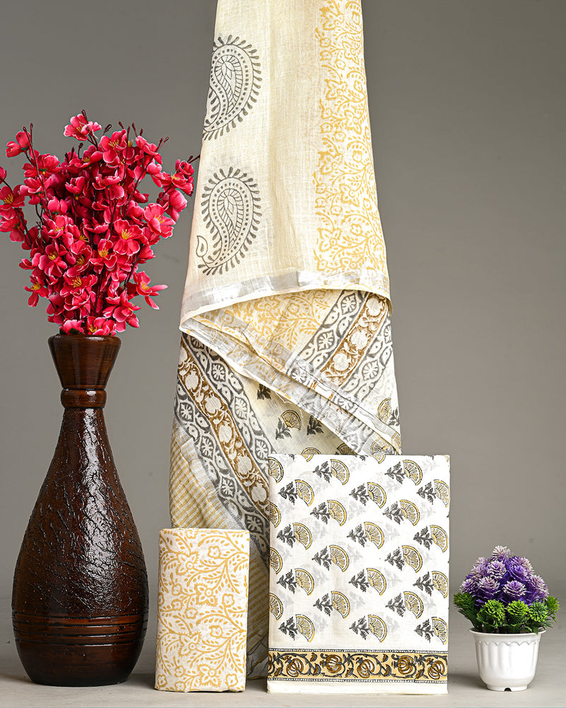 Hand Block Printed Cotton Suit With Linen Dupatta BSLID22