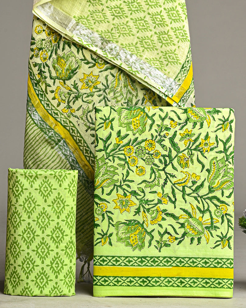 Hand Block Printed Cotton Suit With Linen Dupatta BSLID16