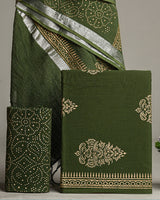 Hand Block Printed Cotton Suit With Linen Dupatta BSLID14