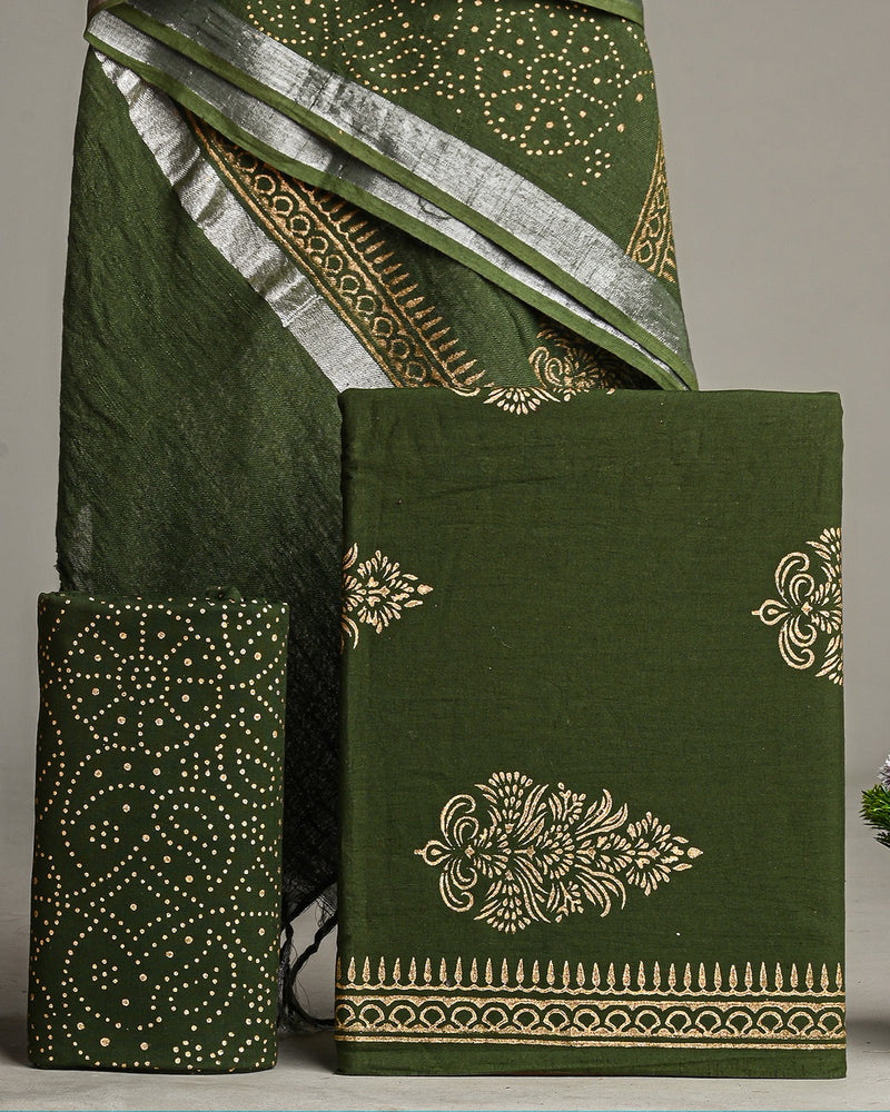 New Green Hand Block Printed Cotton Suit With Linen Dupatta BSLID14