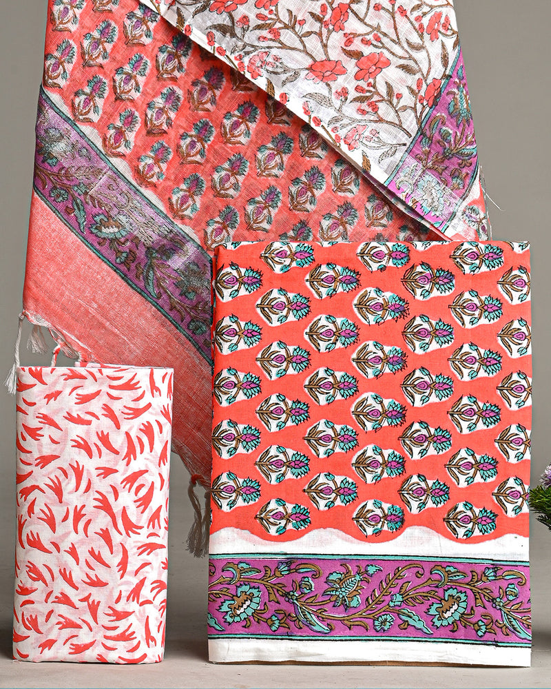 Hand Block Printed Cotton Suit With Linen Dupatta BSLID36