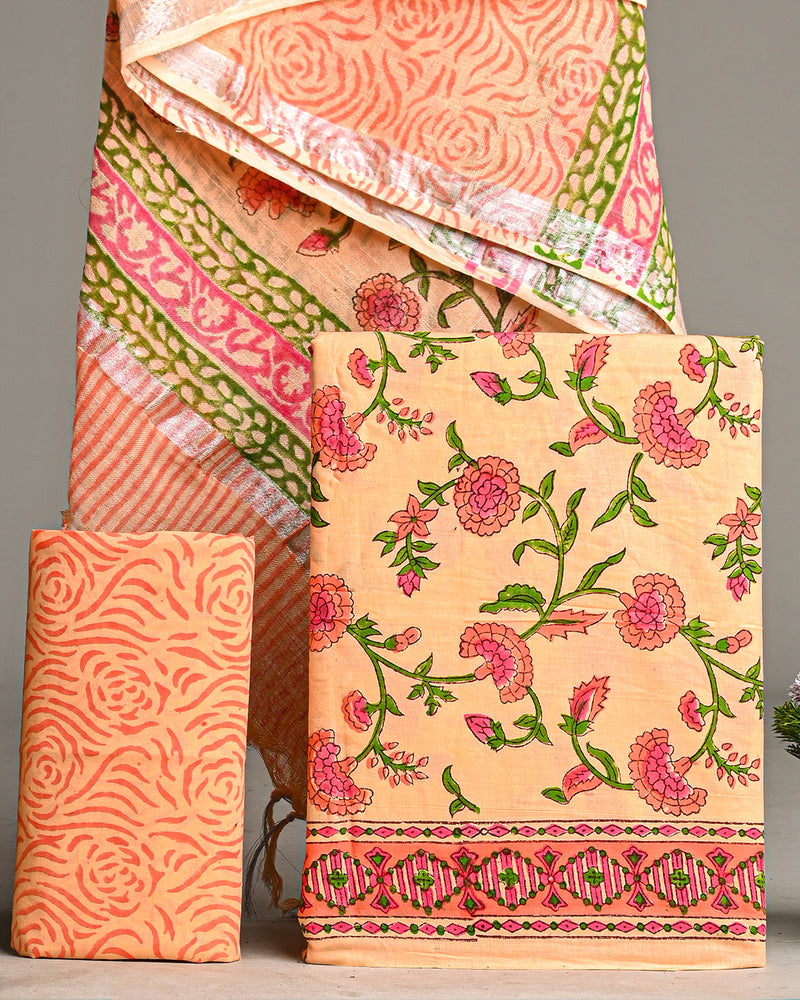 Hand Block Printed Cotton Suit With Linen Dupatta BSLID20