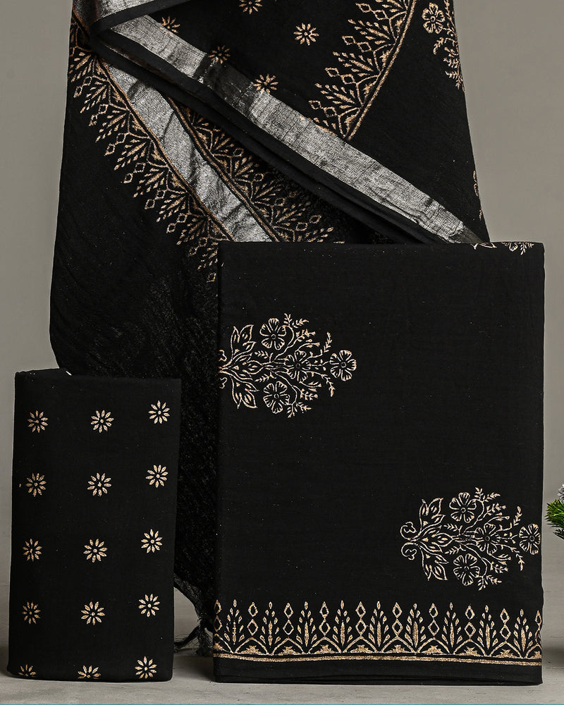 Premium Black Hand Block Printed Cotton Suit With Linen Dupatta BSLID09