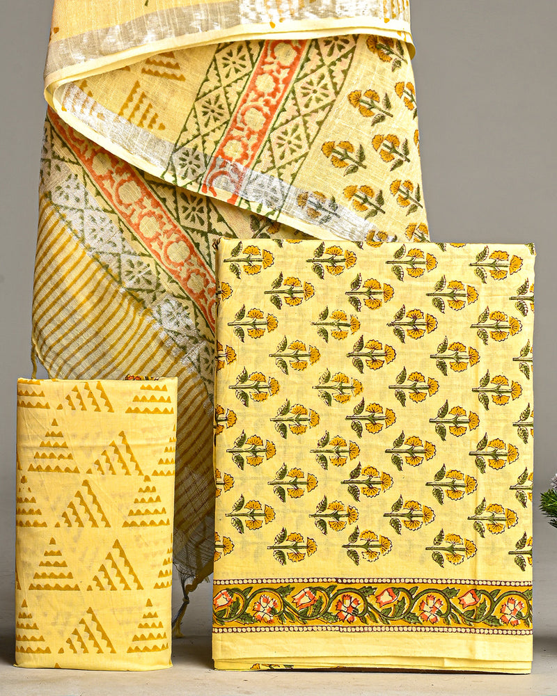 Hand Block Printed Cotton Suit With Linen Dupatta BSLID30