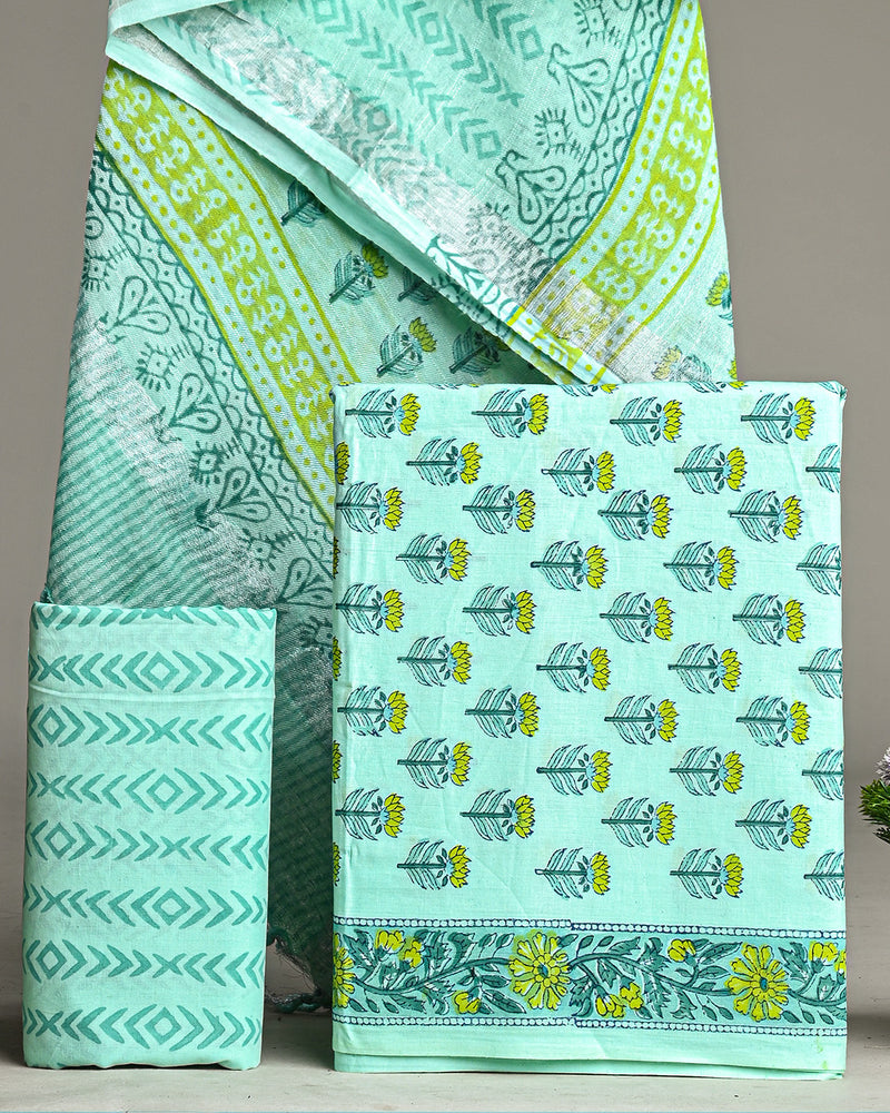 Hand Block Printed Cotton Suit With Linen Dupatta BSLID21