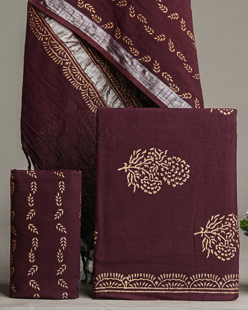 Brownish Hand Block Printed Cotton Suit With Linen Dupatta BSLID12