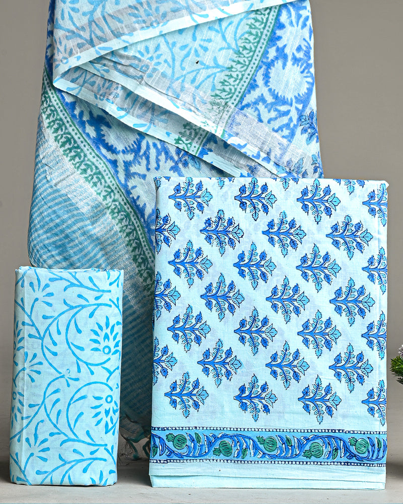 Hand Block Printed Cotton Suit With Linen Dupatta BSLID18