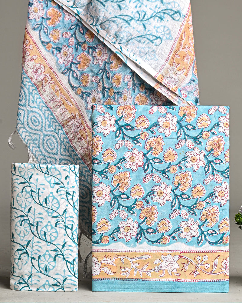 Hand Block Printed Cotton Suit With Linen Dupatta BSLID31