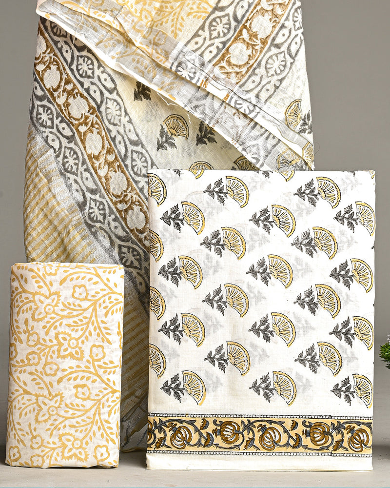 Hand Block Printed Cotton Suit With Linen Dupatta BSLID22