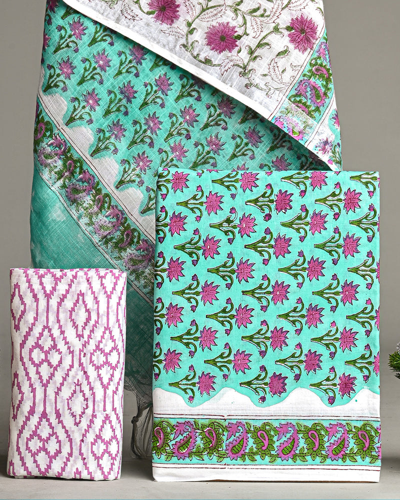 Hand Block Printed Cotton Suit With Linen Dupatta BSLID39