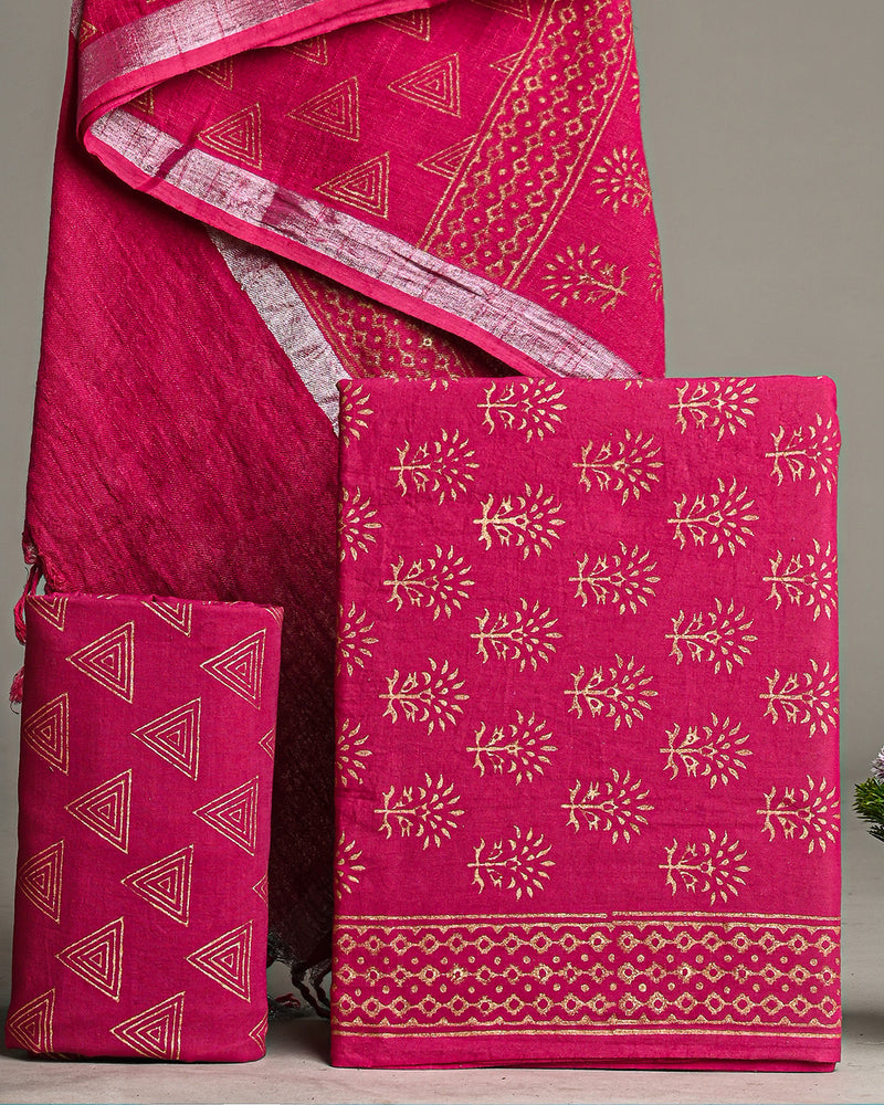 Hand Block Printed Cotton Suit With Linen Dupatta BSLID10