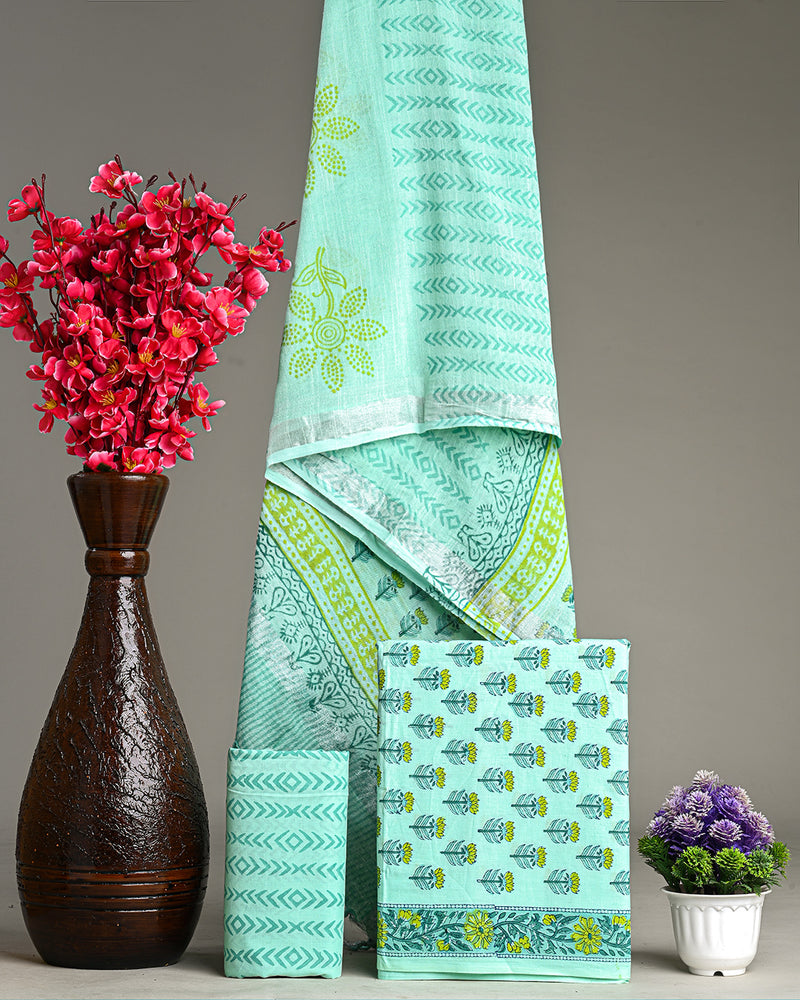 Hand Block Printed Cotton Suit With Linen Dupatta BSLID21