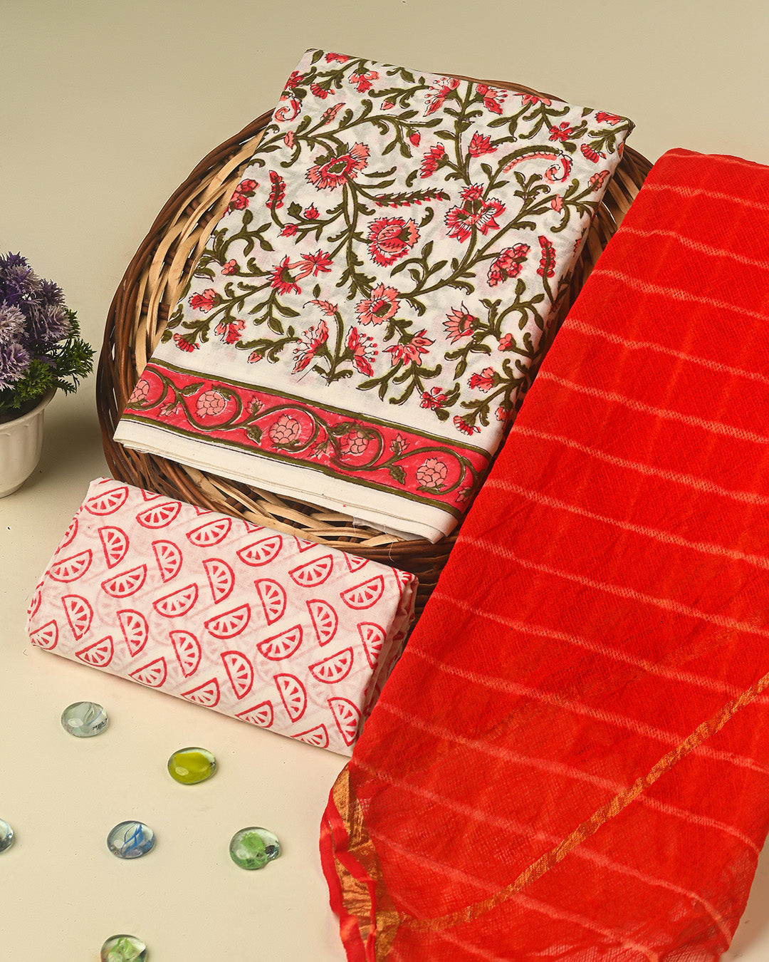 Exclusive Red and White Hand Block Print Cotton Suit With Kota Dupatta CFCOTKO22
