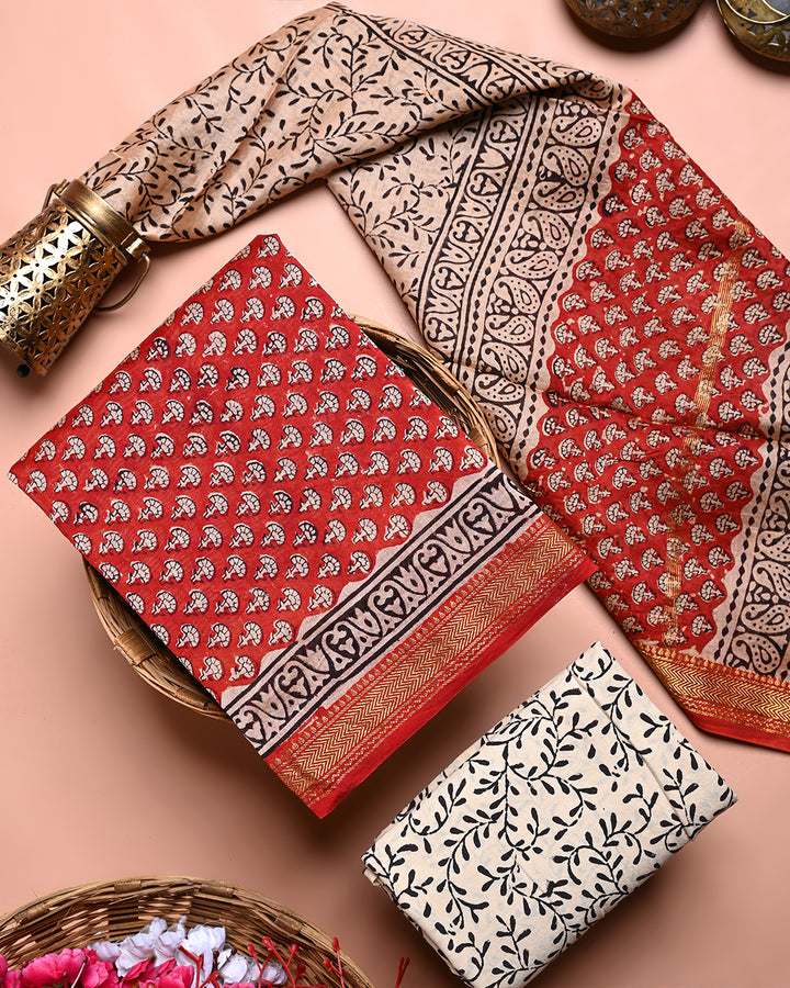 New Traditional Bagru Print Maheshwari Silk Suit Set (BSMAHMA78)