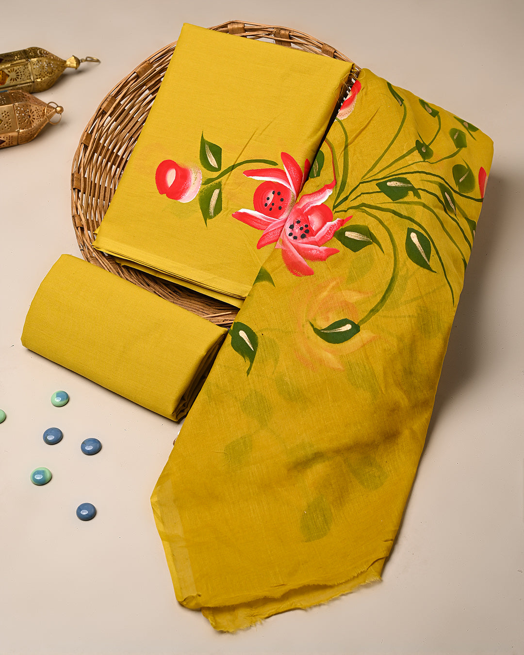Traditional Hand Painted Cotton Suit With Cotton Dupatta (BSCOTMU133)