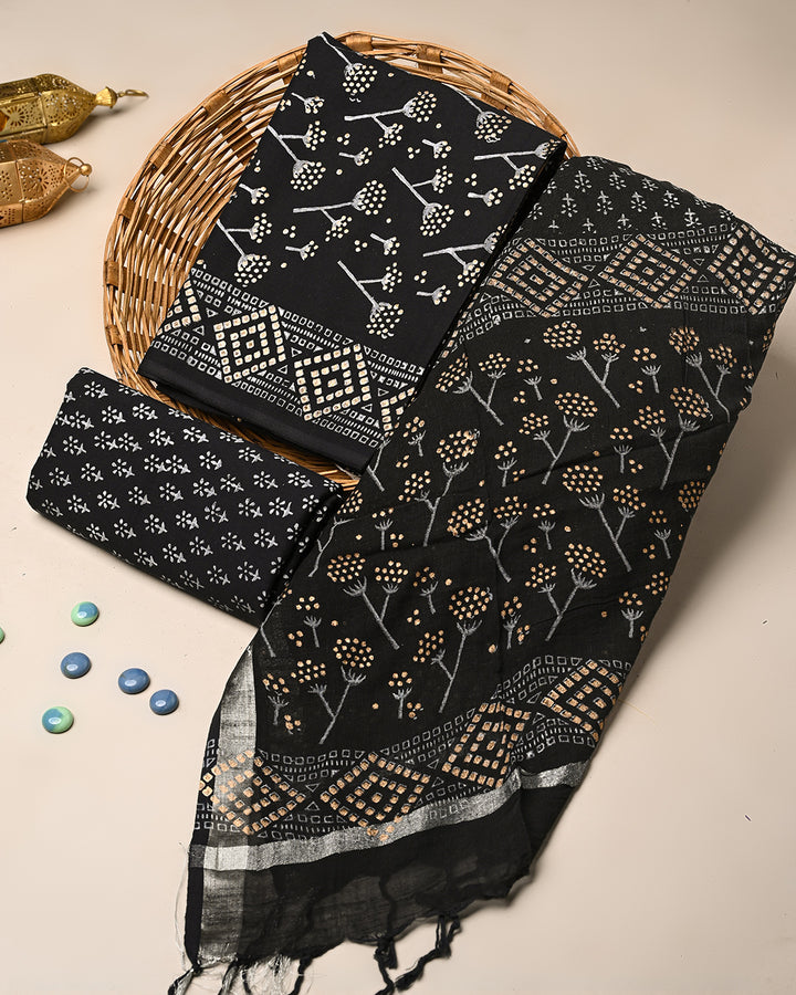 New Traditional Khadi Gold Printed Cotton Suit With Linen Dupatta (BSLID45)