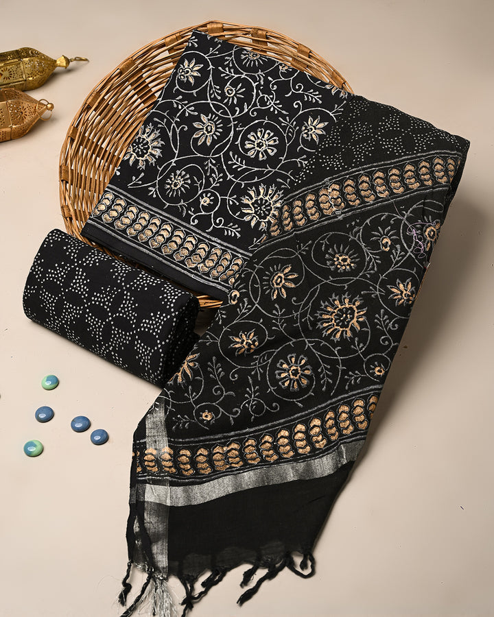 New Traditional Khadi Gold Printed Cotton Suit With Linen Dupatta (BSLID46)