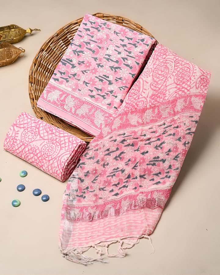 Elegant Pink Hand Block Sanganeri Print Cotton Suit With Cotton Dupatta(BSCOTMU134)
