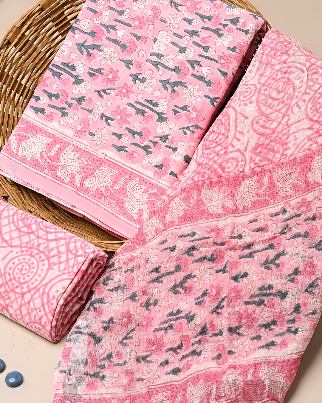 Elegant Pink Hand Block Sanganeri Print Cotton Suit With Cotton Dupatta(BSCOTMU134)