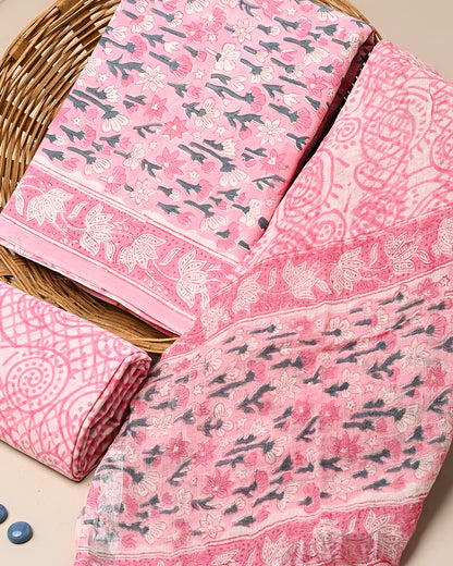 Elegant Pink Hand Block Sanganeri Print Cotton Suit With Cotton Dupatta(BSCOTMU134)