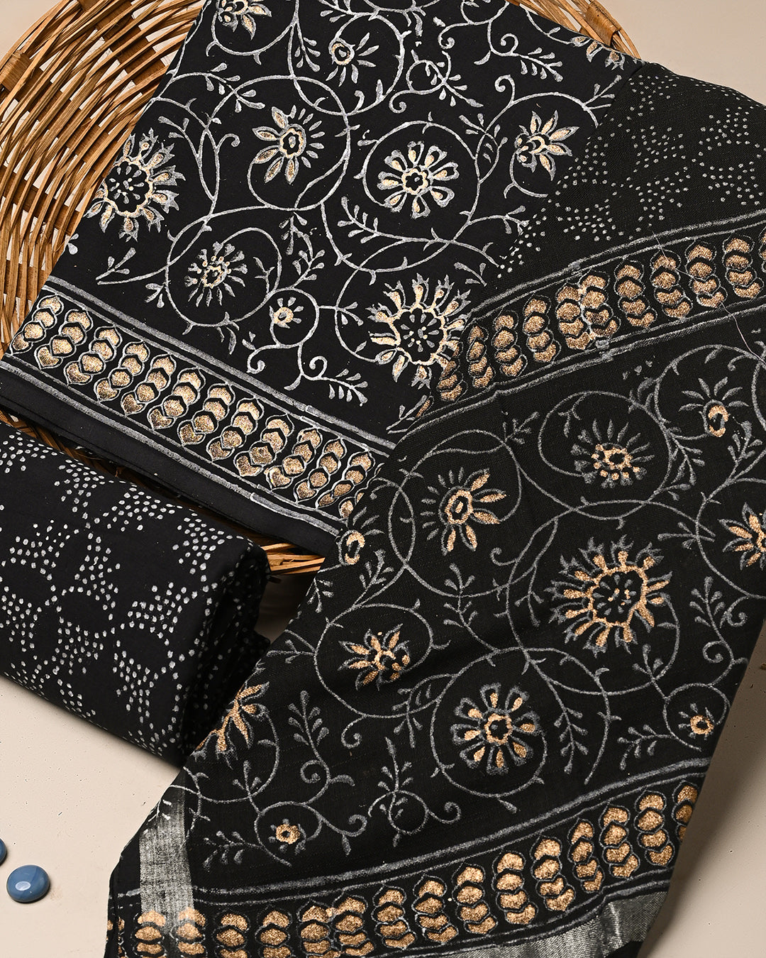 New Traditional Khadi Gold Printed Cotton Suit With Linen Dupatta (BSLID46)