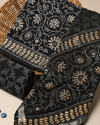 New Traditional Khadi Gold Printed Cotton Suit With Linen Dupatta (BSLID46)