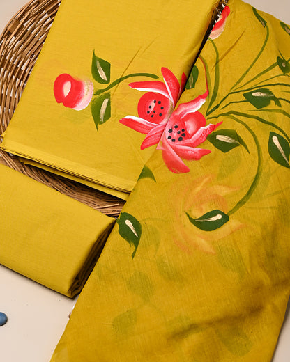 Traditional Hand Painted Cotton Suit With Cotton Dupatta (BSCOTMU133)
