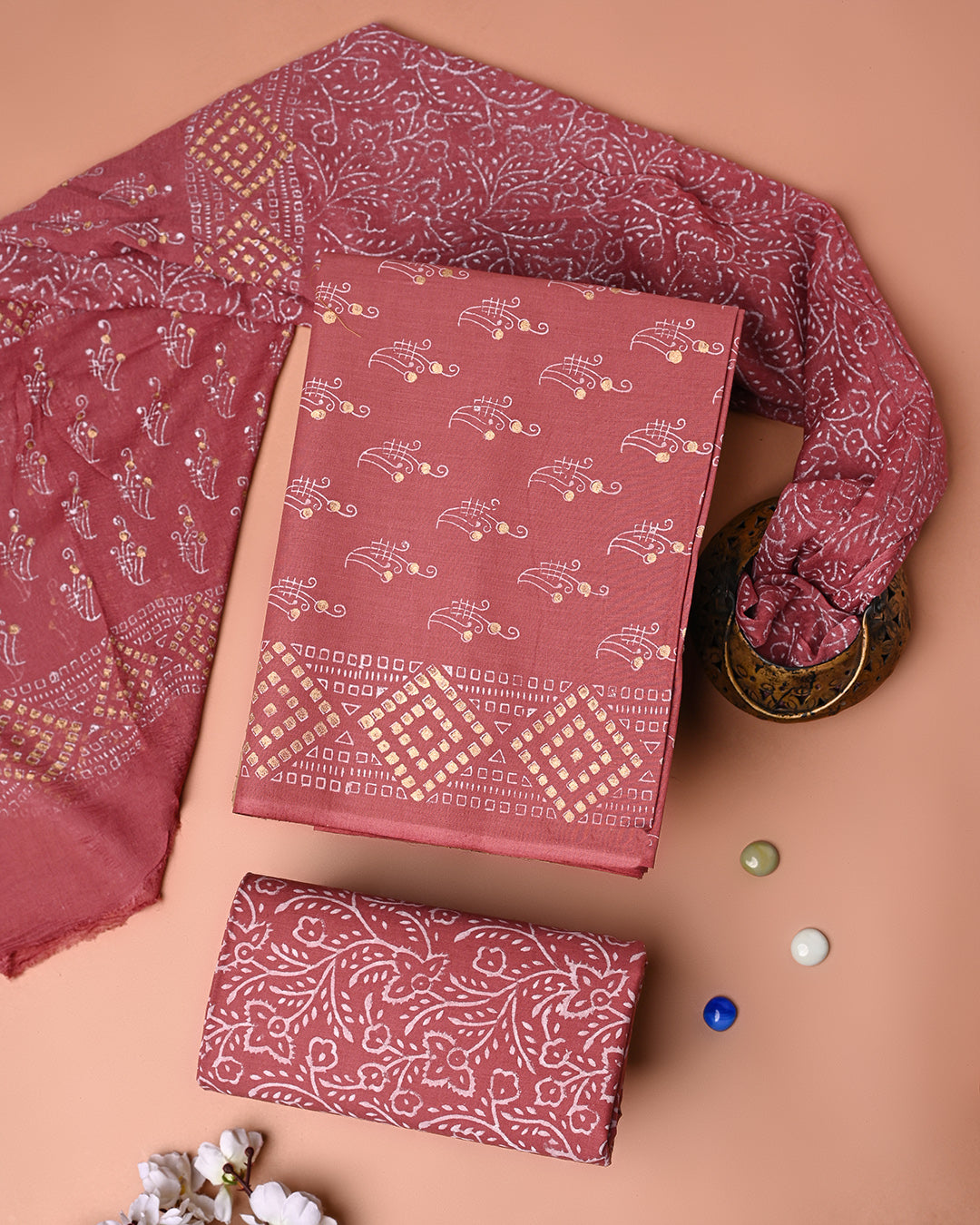 Premium Hand Block Khadi Gold Printed Cotton Suit With Chiffon Dupatta (BSCOTCH108)