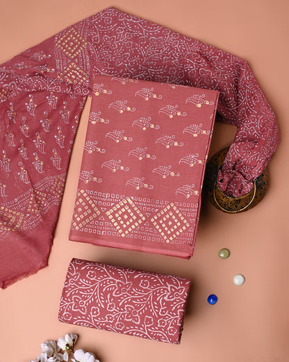 Premium Hand Block Khadi Gold Printed Cotton Suit With Chiffon Dupatta (BSCOTCH108)