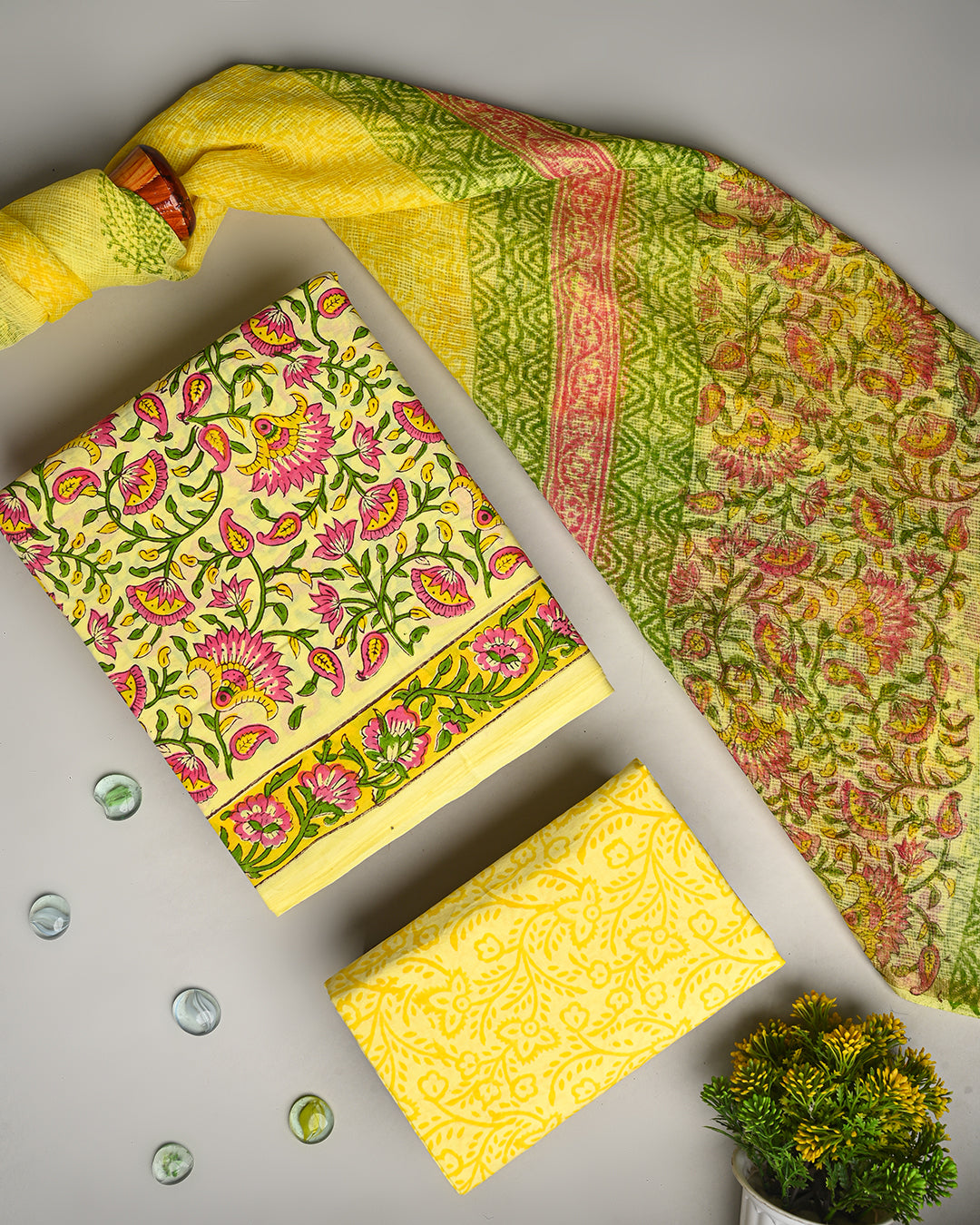 Exclusive Yellow Jaal print Hand Block Printed Cotton Suit With Kota Dupatta(BSCOTKO19)