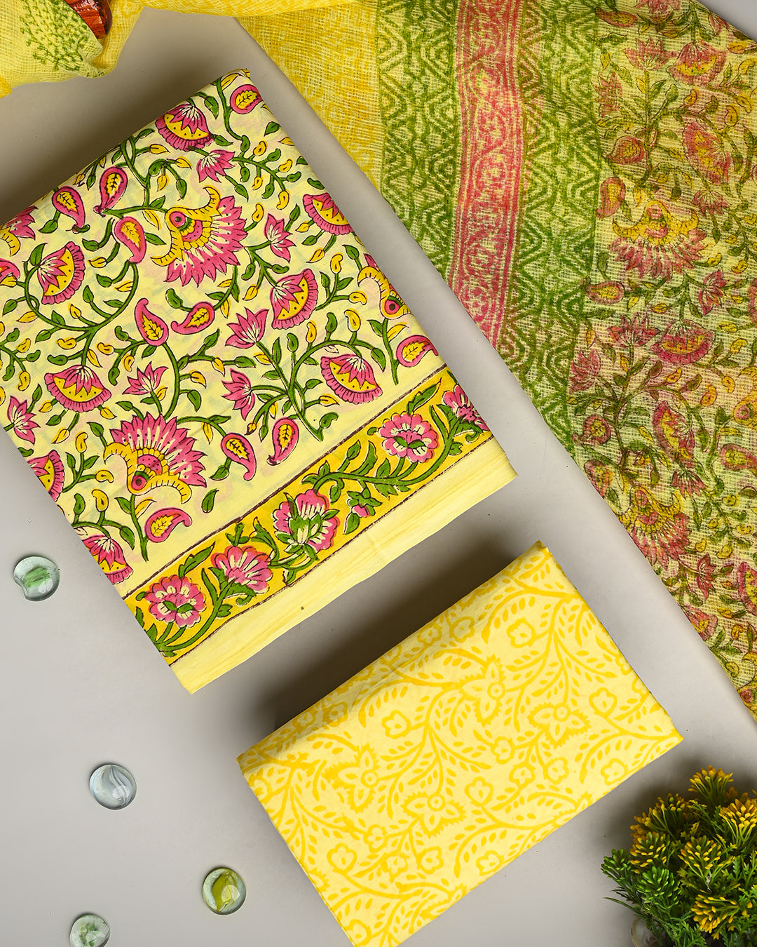 Exclusive Yellow Jaal print Hand Block Printed Cotton Suit With Kota Dupatta(BSCOTKO19)