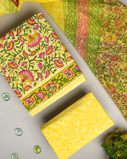 Exclusive Yellow Jaal print Hand Block Printed Cotton Suit With Kota Dupatta(BSCOTKO19)