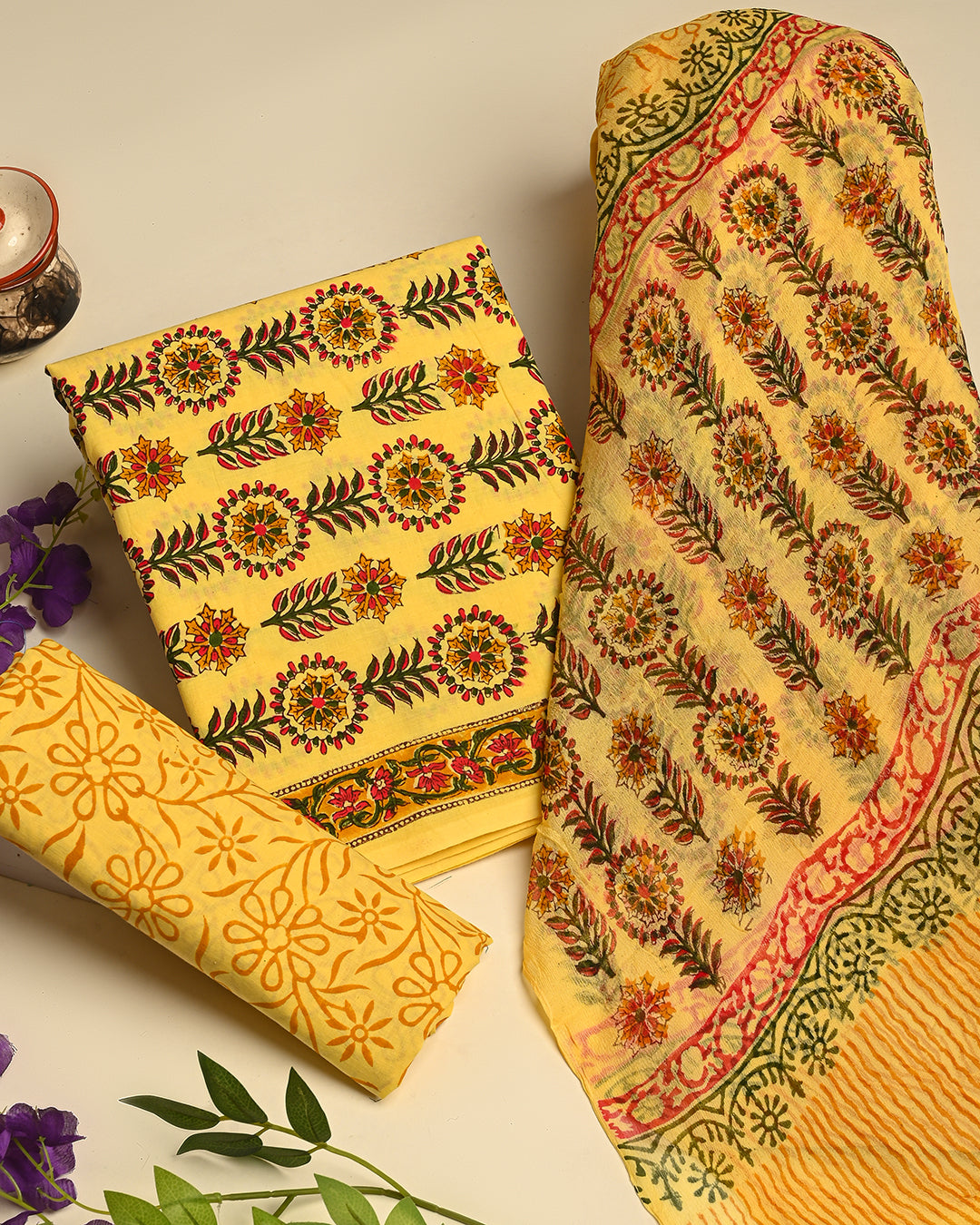Premium Hand Block Print Cotton Suit With Chiffon Dupatta (BSCOTCH37)