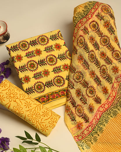 Premium Hand Block Print Cotton Suit With Chiffon Dupatta (BSCOTCH37)