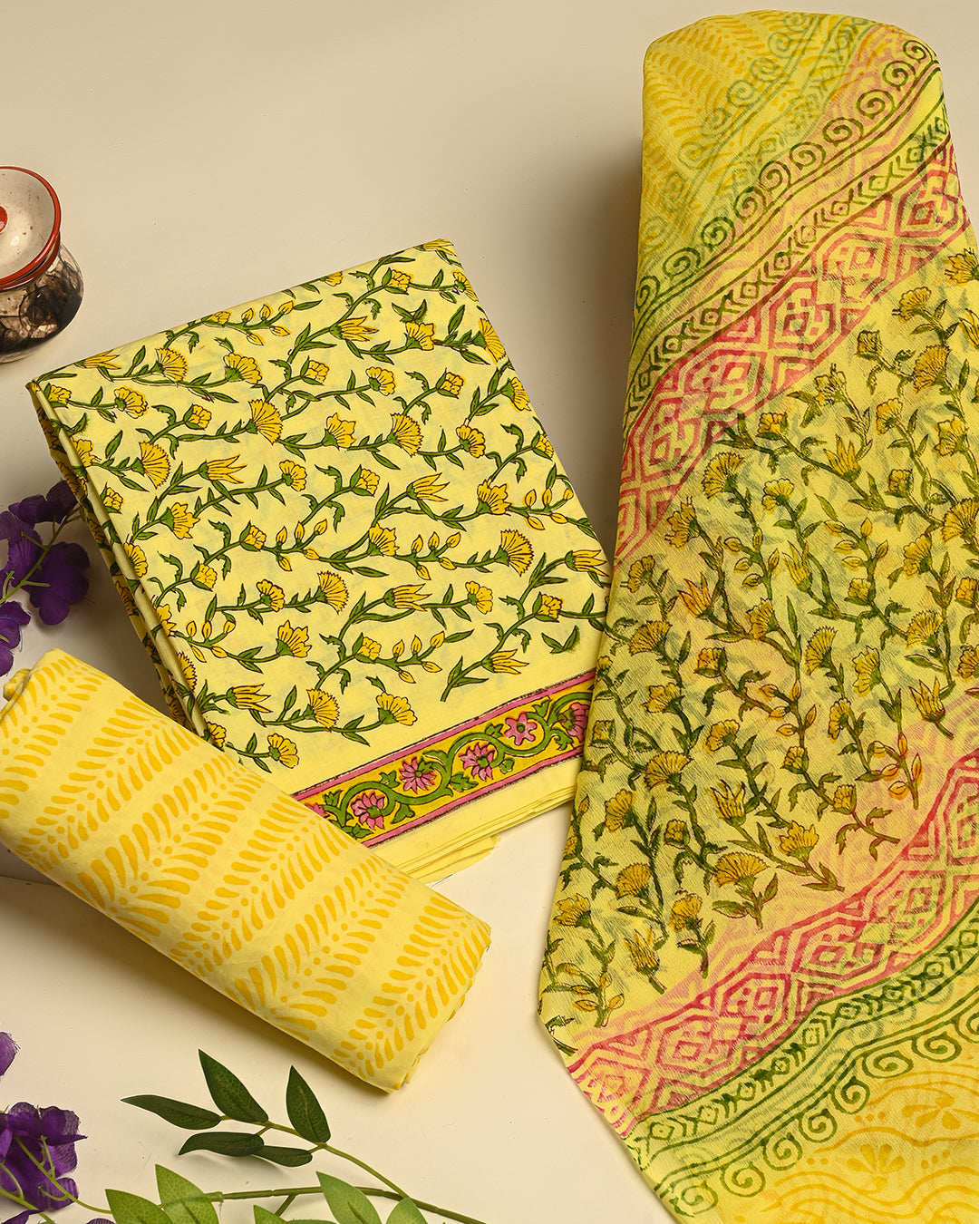 Traditional Hand Block Printed Cotton Suit With Chiffon Dupatta (BSCOTCH19)
