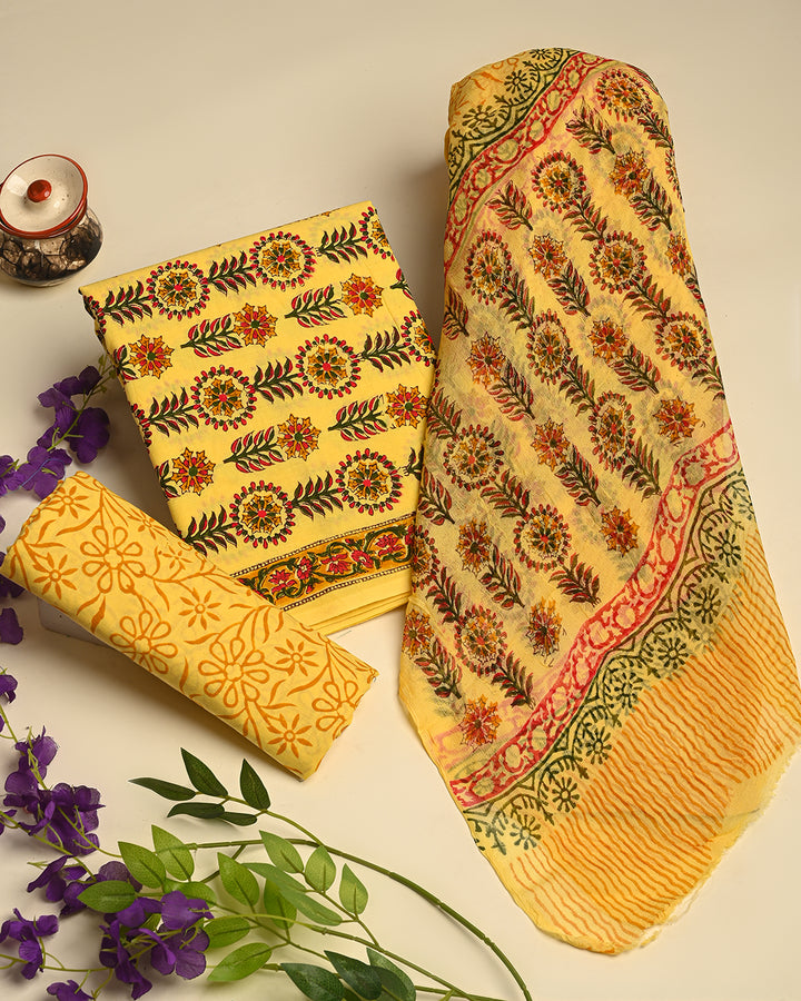 Premium Hand Block Print Cotton Suit With Chiffon Dupatta (BSCOTCH37)