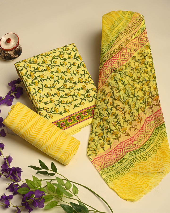 Traditional Hand Block Printed Cotton Suit With Chiffon Dupatta (BSCOTCH19)