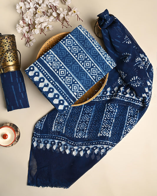 Traditional Dabu Printed Cotton Suit With Chiffon Dupatta (BSCOTCH103)