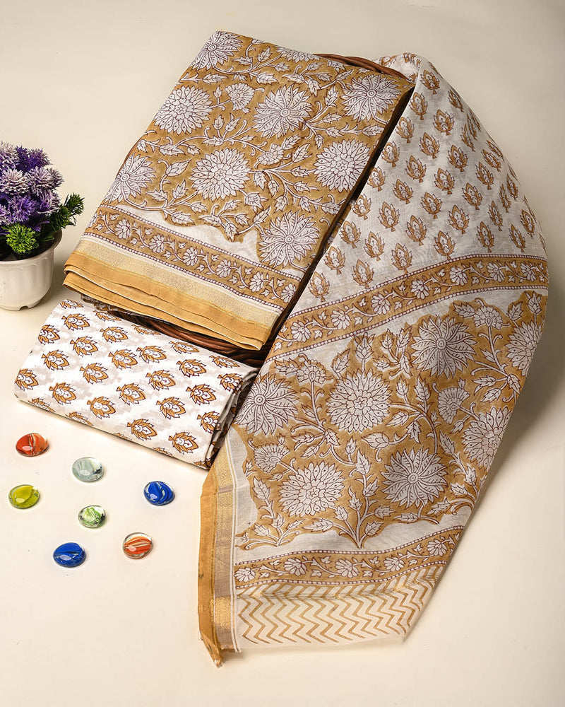 Exclusive Hand Block Gold And Khadi Printed Chanderi Silk Suit Set(BSCH03)