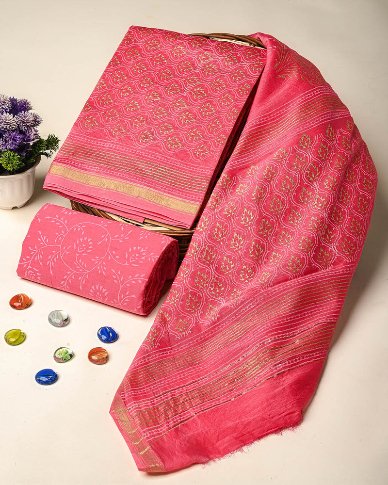 Premium Hand Block Gold And Khadi Printed Chanderi Silk Suit Set(BSCH08)